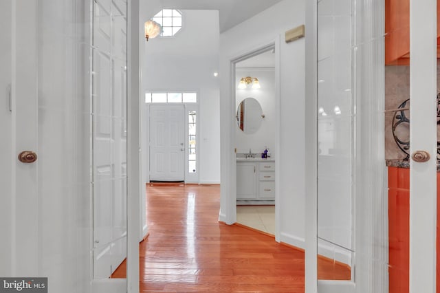 entryway with light hardwood / wood-style flooring, a healthy amount of sunlight, and sink