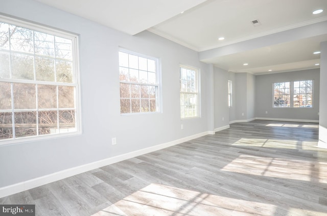 spare room with light wood-type flooring and crown molding