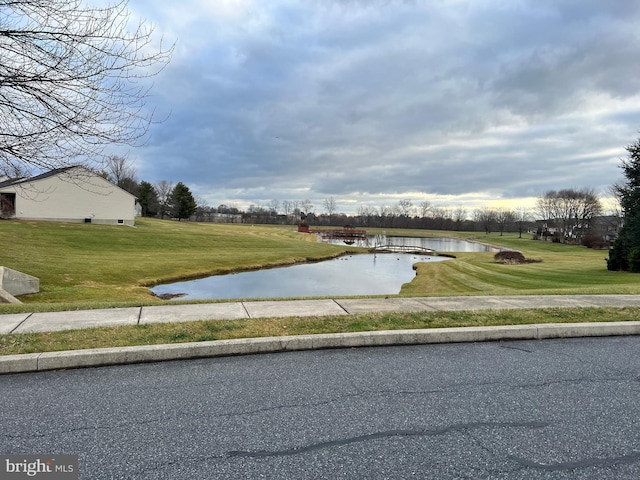 view of road with a water view