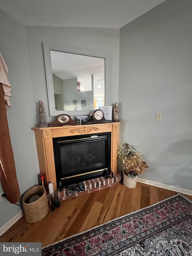 details featuring hardwood / wood-style floors and a brick fireplace