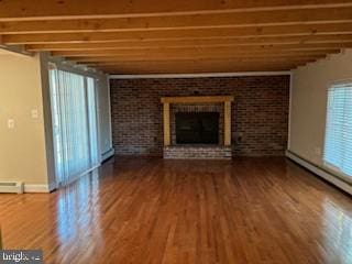 unfurnished living room with a fireplace, wood-type flooring, and plenty of natural light