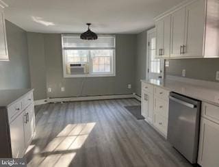 kitchen with dishwasher, light wood-type flooring, white cabinets, and cooling unit