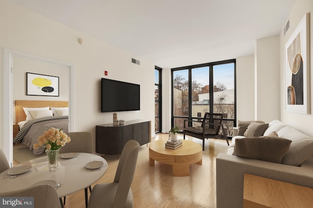 living room with floor to ceiling windows and light hardwood / wood-style floors