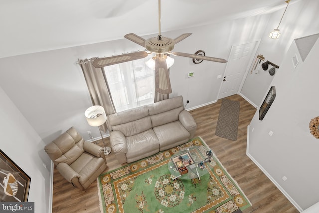 living room featuring ceiling fan and wood-type flooring