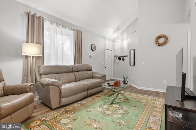 living room with hardwood / wood-style flooring and vaulted ceiling