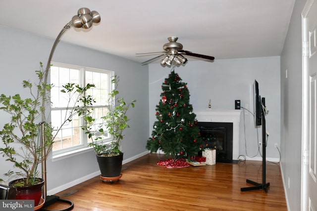 sitting room featuring ceiling fan and wood-type flooring