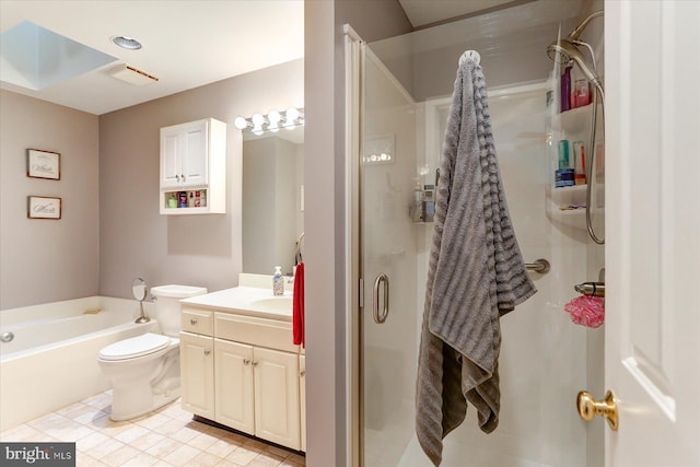 full bathroom with tile patterned flooring, vanity, independent shower and bath, and toilet