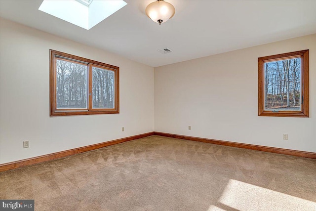 unfurnished room with carpet and a skylight