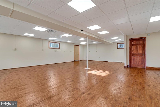 basement with hardwood / wood-style flooring and a drop ceiling