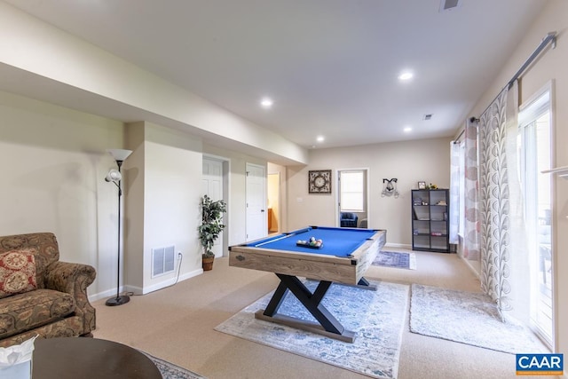 playroom featuring light carpet and billiards