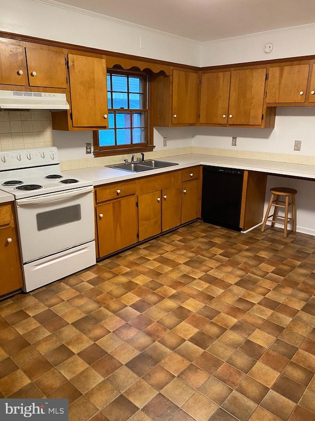 kitchen featuring white range with electric cooktop, dishwasher, ornamental molding, and sink