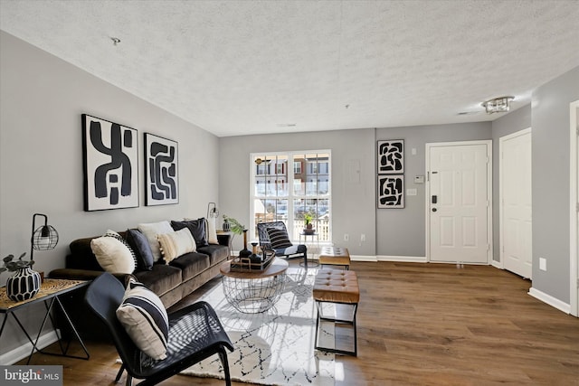 living room featuring wood-type flooring and a textured ceiling