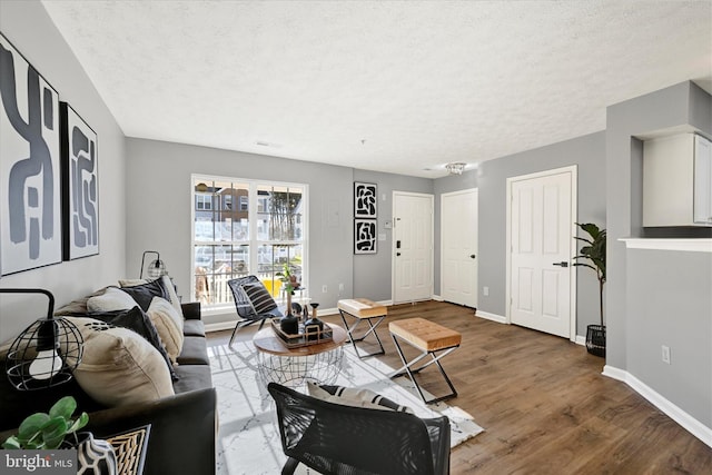 living room with hardwood / wood-style floors and a textured ceiling