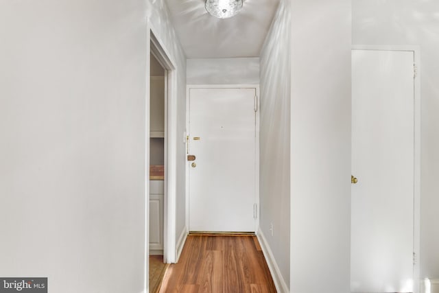 corridor with wood-type flooring