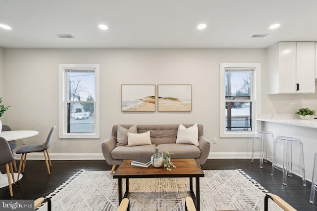 living room with dark hardwood / wood-style floors