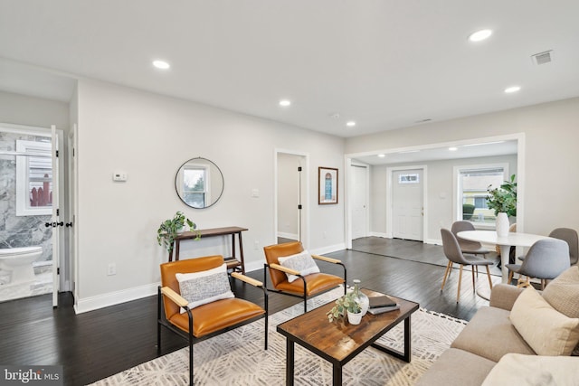 living room with dark hardwood / wood-style floors