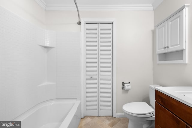 full bathroom with vanity, ornamental molding, toilet, and washtub / shower combination