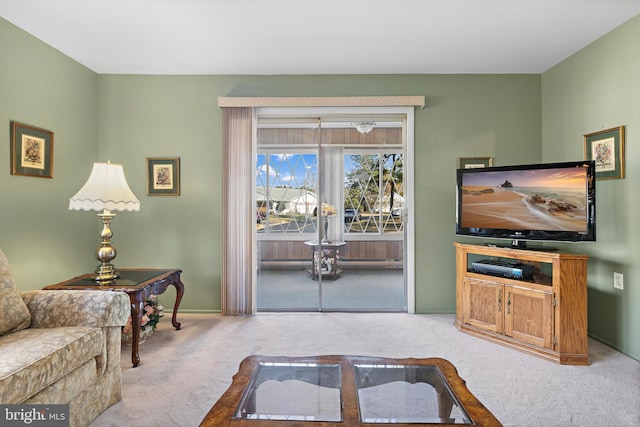 living room featuring light carpet