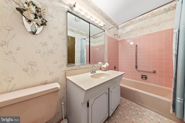 full bathroom featuring toilet, tile patterned floors, vanity, and shower / tub combo with curtain