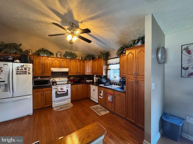 kitchen with dark countertops, dark wood-style floors, under cabinet range hood, brown cabinets, and white appliances