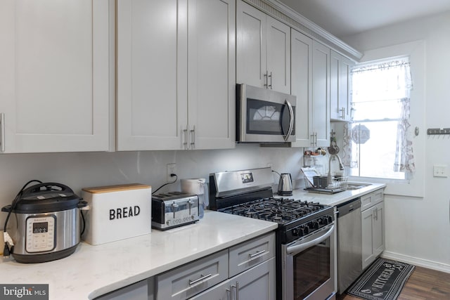 kitchen featuring gray cabinets, a healthy amount of sunlight, sink, and stainless steel appliances