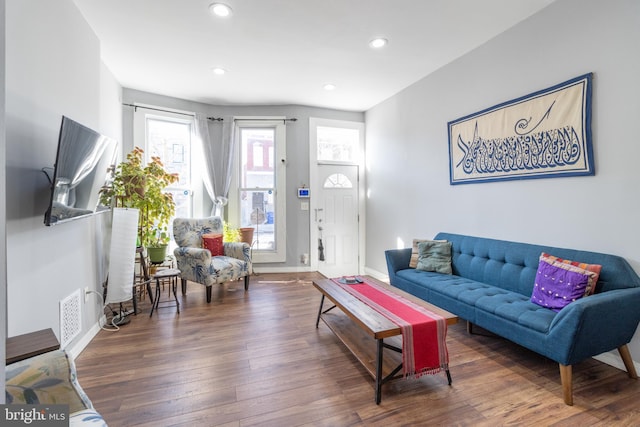 living room featuring dark wood-type flooring