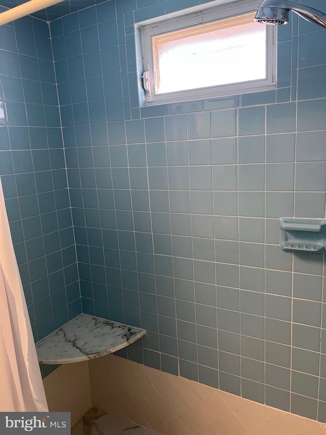 bathroom with a tile shower and a wealth of natural light