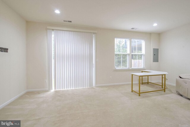 carpeted spare room featuring electric panel