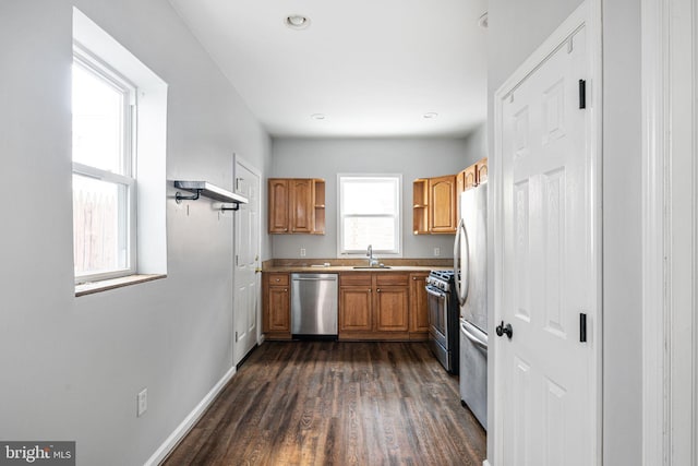 kitchen with dark hardwood / wood-style flooring, sink, and stainless steel appliances