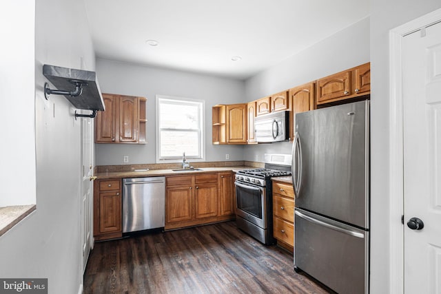 kitchen with sink, dark wood-type flooring, and appliances with stainless steel finishes