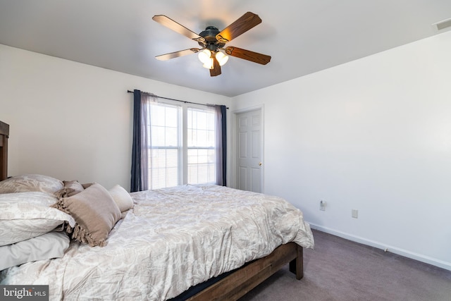 bedroom featuring ceiling fan and carpet