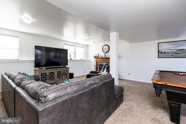 living room featuring pool table and carpet