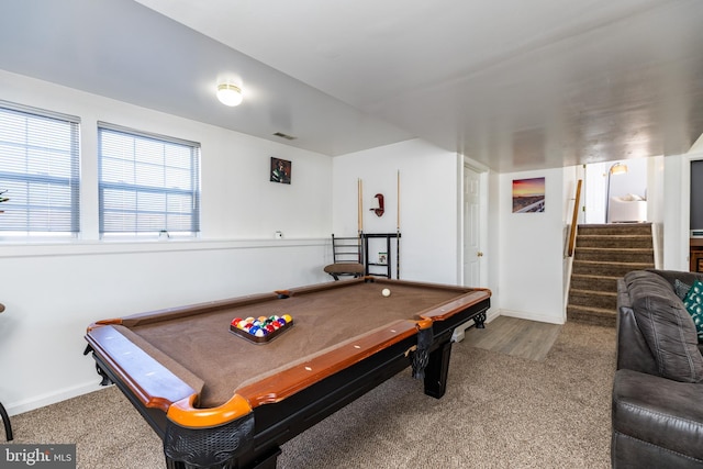 playroom with pool table and carpet floors