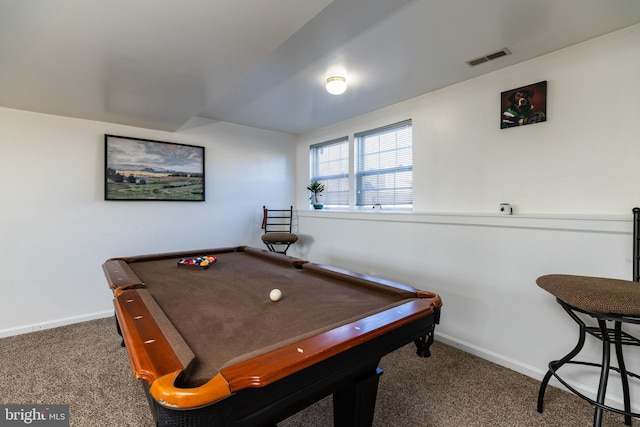 recreation room with pool table and dark colored carpet