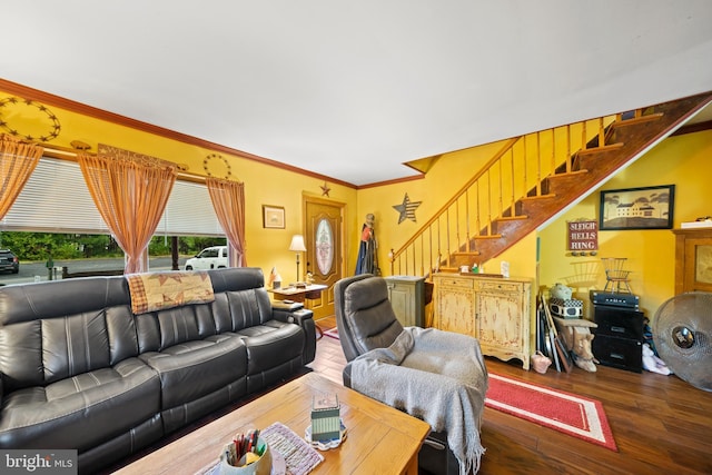 living room featuring dark hardwood / wood-style floors and ornamental molding