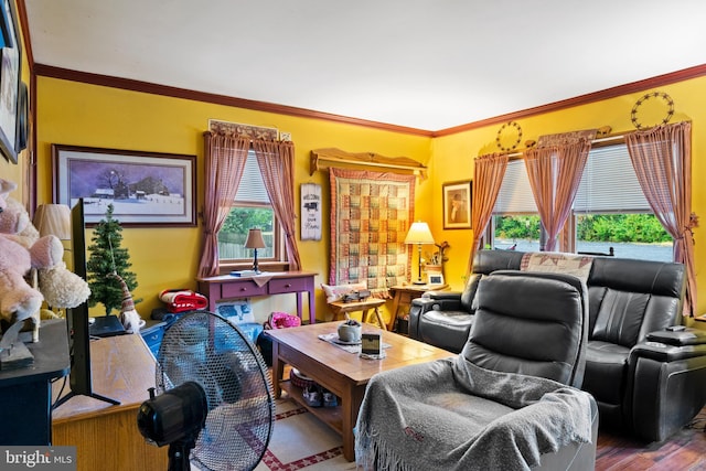 interior space with wood-type flooring and ornamental molding