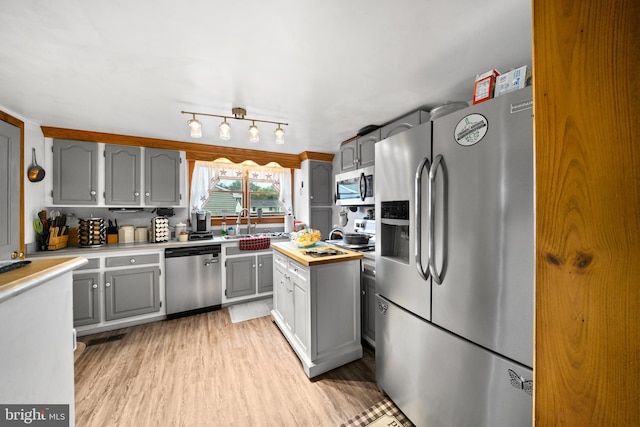 kitchen featuring gray cabinets, light hardwood / wood-style flooring, and appliances with stainless steel finishes