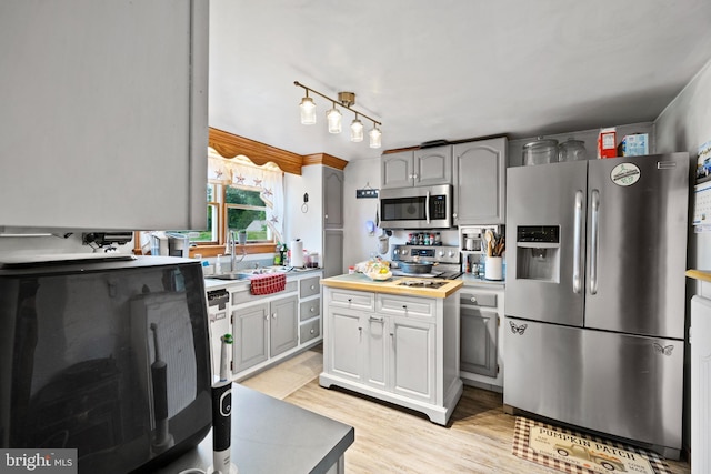 kitchen featuring gray cabinets, sink, stainless steel appliances, and light wood-type flooring