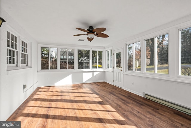 unfurnished sunroom with ceiling fan and a baseboard radiator