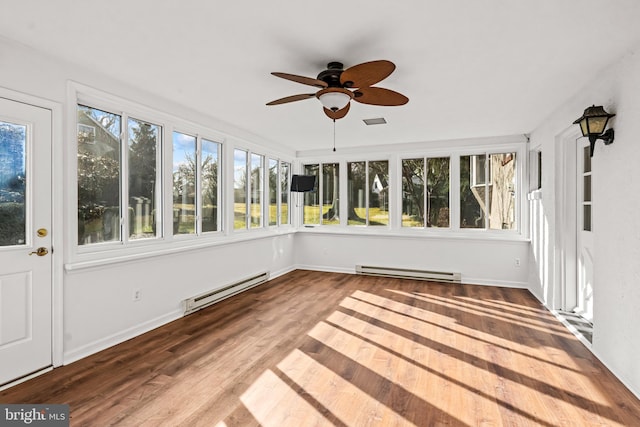 unfurnished sunroom with a baseboard radiator and ceiling fan