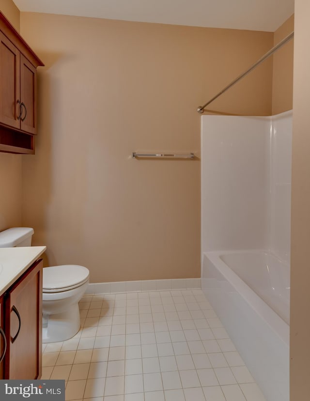 full bathroom with toilet, tile patterned flooring, shower / bath combination, and vanity