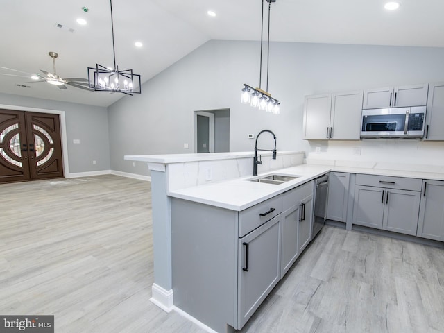 kitchen with visible vents, appliances with stainless steel finishes, light countertops, gray cabinetry, and a sink