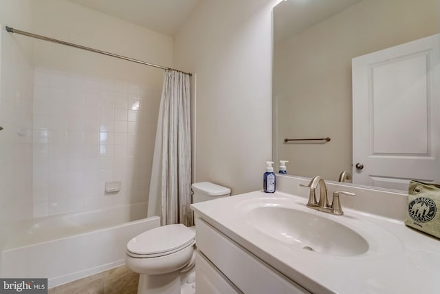 full bathroom with toilet, vanity, tile patterned floors, and shower / bathtub combination with curtain