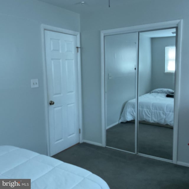 bedroom with a closet and dark colored carpet