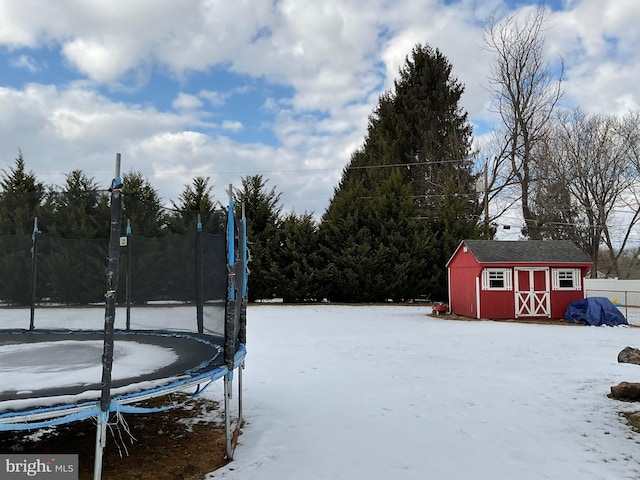 snowy yard with a storage unit and a trampoline