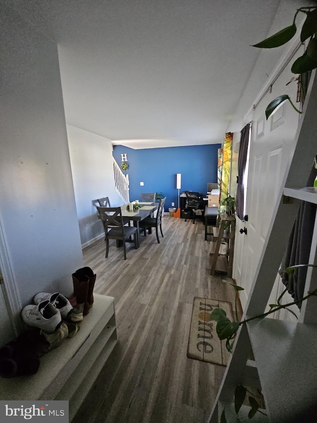 dining space with hardwood / wood-style flooring