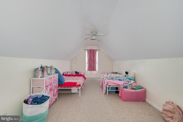 carpeted bedroom with lofted ceiling and ceiling fan