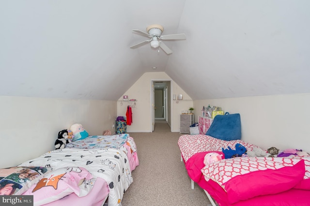 bedroom with ceiling fan, lofted ceiling, and light carpet