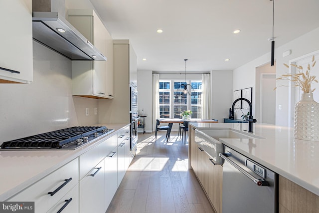 kitchen featuring wall chimney range hood, light wood-type flooring, sink, pendant lighting, and stainless steel appliances