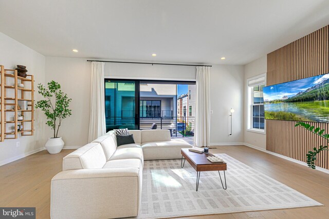 living room with light hardwood / wood-style flooring